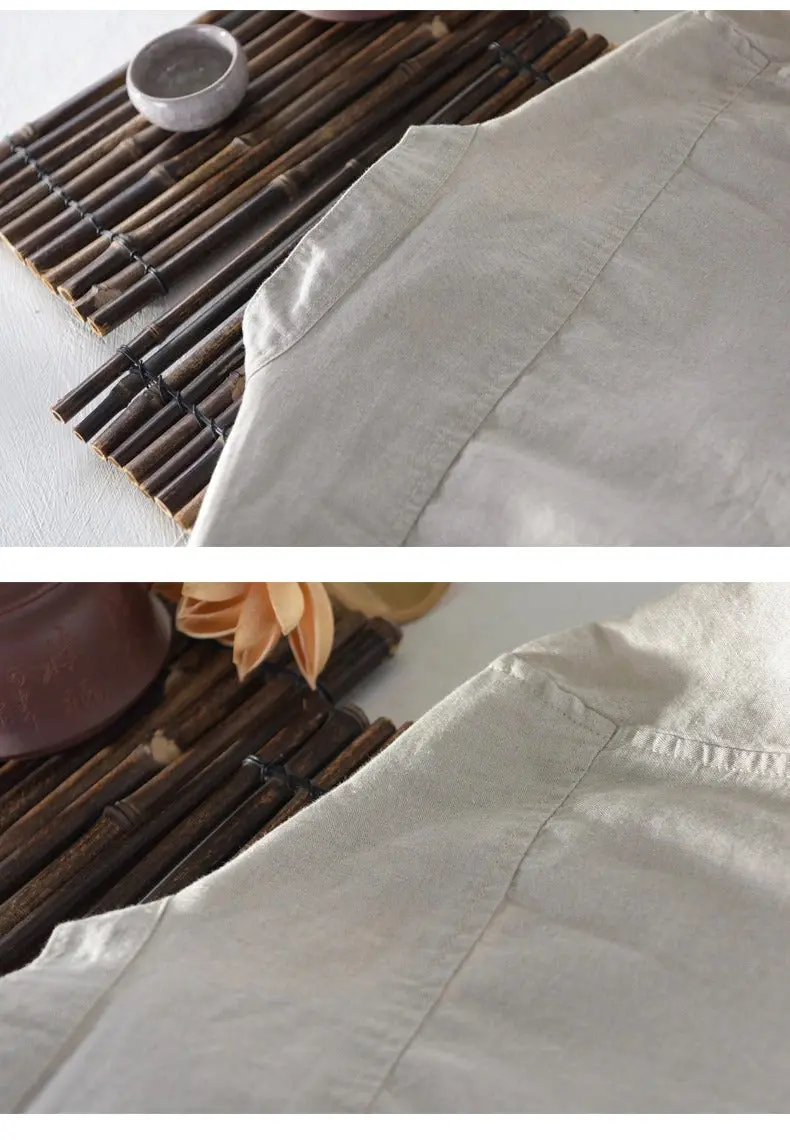 Camisa de lino Manga Larga Beige cuello en V - Image 10